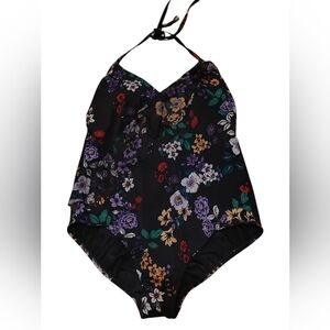 Time and Tru Black Floral One-Piece Swimsuit